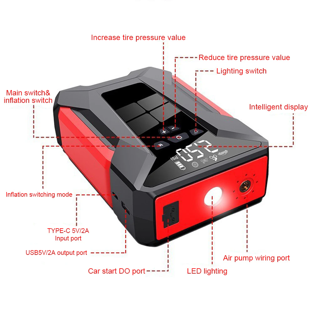 10000mAh Car Jump Starter Multifunctional Automotive Energy Power 150PSI fire Inflator Powerbank Air Pump With Bag